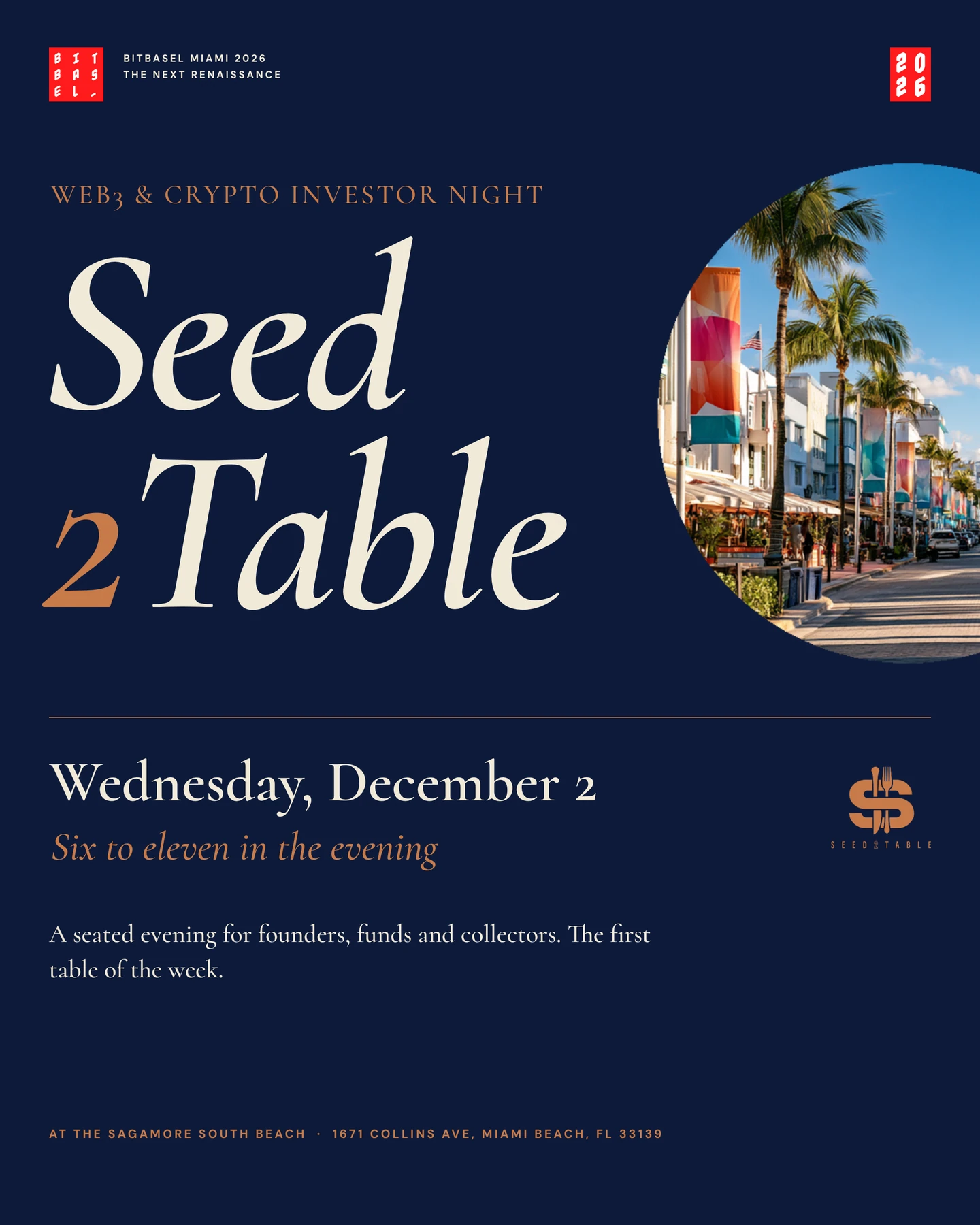 Seed2Table poster. Web3 and crypto investor night, Wednesday, December 2, six to eleven in the evening, at The Sagamore South Beach. A seated evening for founders, funds and collectors.